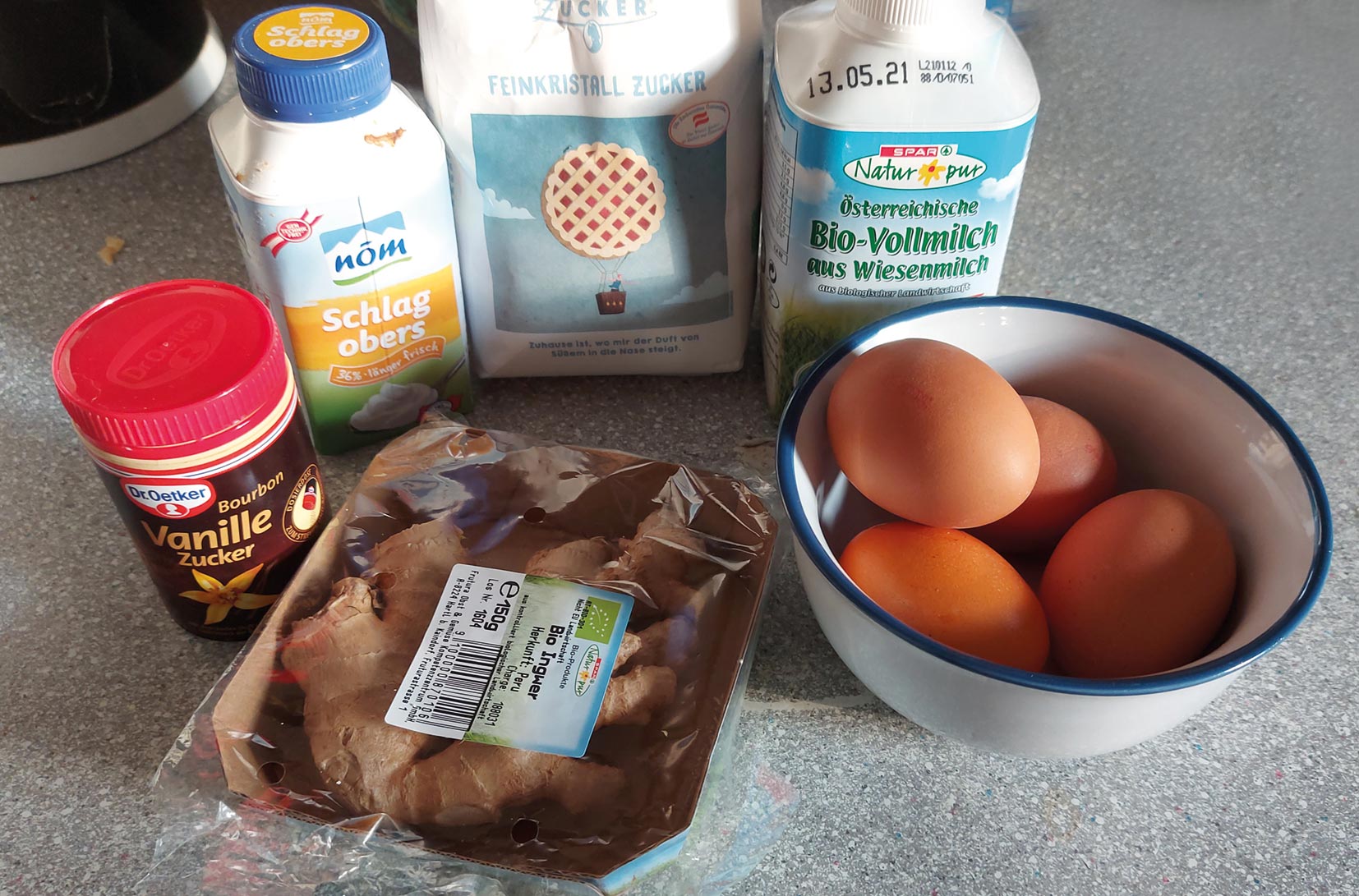 Zutaten für die neue Kreation Flan (Pudding)