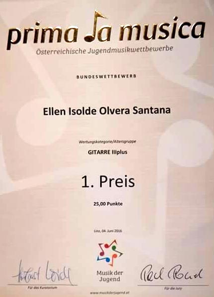 Ellen Isolde Olvera Santa gana "prima la musica" en la categoría Guitarra clásica